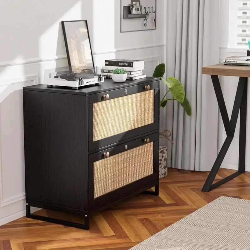 Meuble de classement latéral en bois et rotin à 2 tiroirs avec serrure pour bureau à domicile