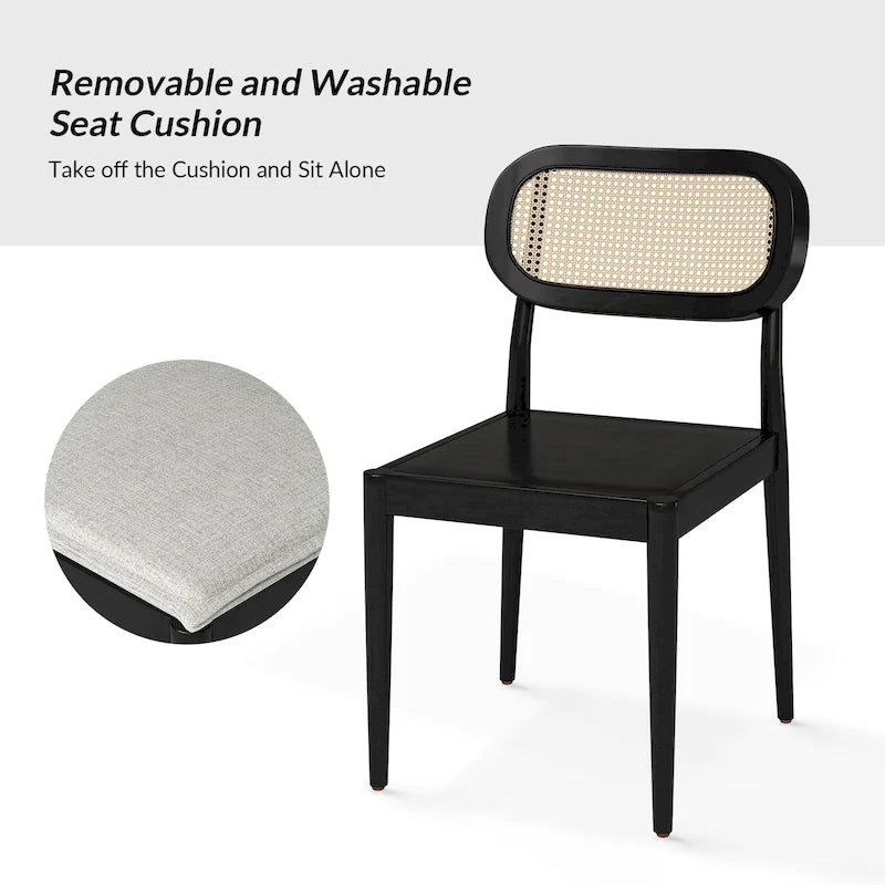 Chaise de salle à manger moderne en bois massif avec dossier en rotin et coussin amovible, lot de 6