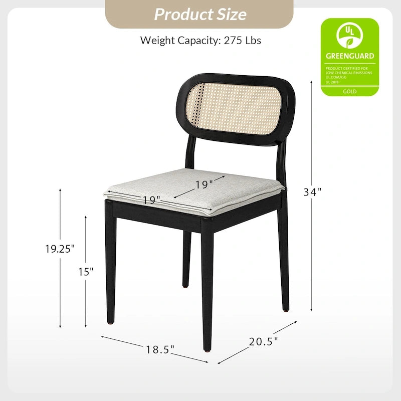 Chaise de salle à manger moderne en bois massif avec dossier en rotin et coussin amovible, lot de 6
