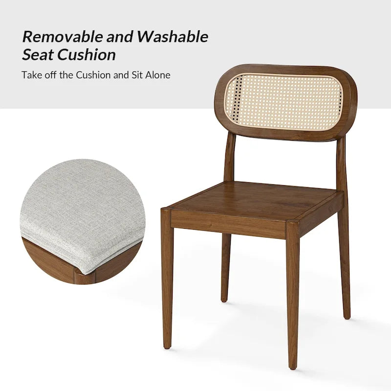 Chaise de salle à manger moderne en bois massif avec dossier en rotin et coussin amovible, lot de 6
