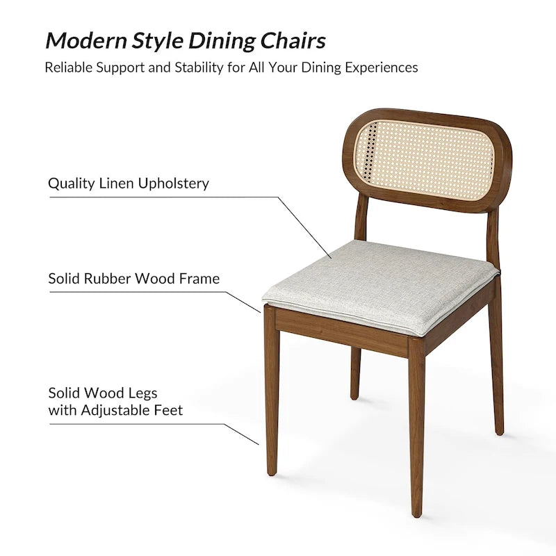 Chaise de salle à manger moderne en bois massif avec dossier en rotin et coussin amovible, lot de 6