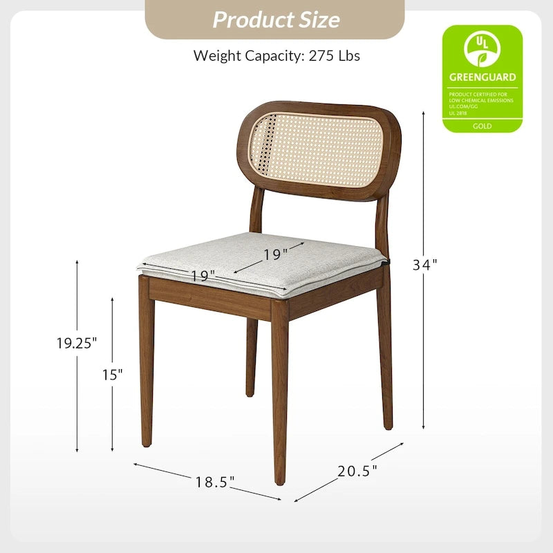 Chaise de salle à manger moderne en bois massif avec dossier en rotin et coussin amovible, lot de 6