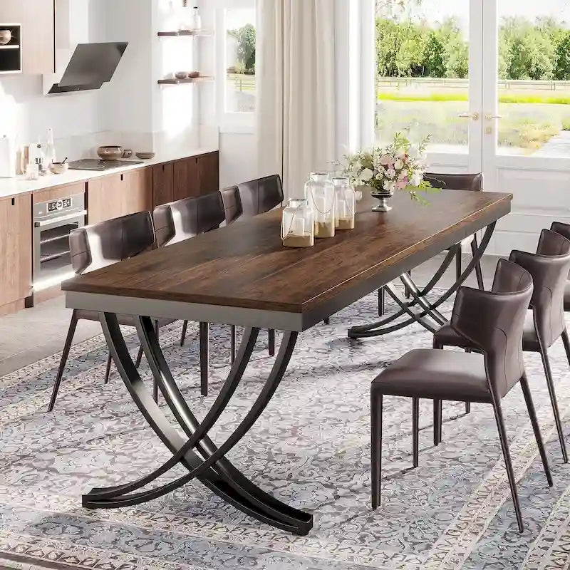 Table à manger rectangulaire 6-8 personnes, grande table de cuisine en bois de 198 cm style ferme