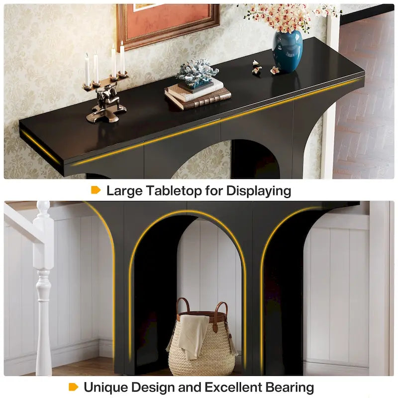 Table Console de 47 Pouces, Table Basse Noire Derrière un Canapé, Table d'Entrée Vintage Moderne