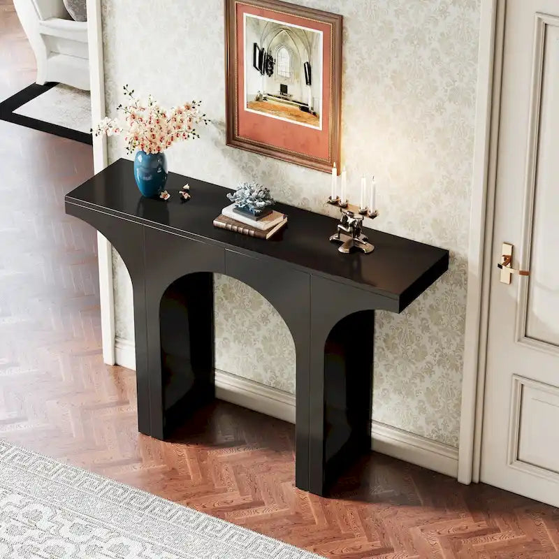 Table Console de 47 Pouces, Table Basse Noire Derrière un Canapé, Table d'Entrée Vintage Moderne