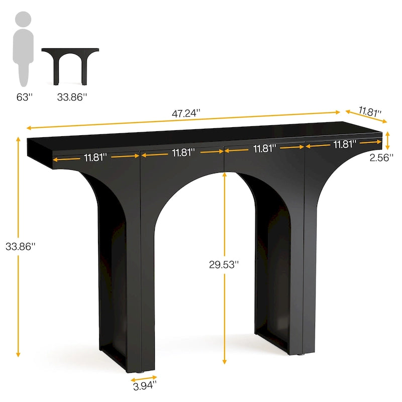 Table Console de 47 Pouces, Table Basse Noire Derrière un Canapé, Table d'Entrée Vintage Moderne
