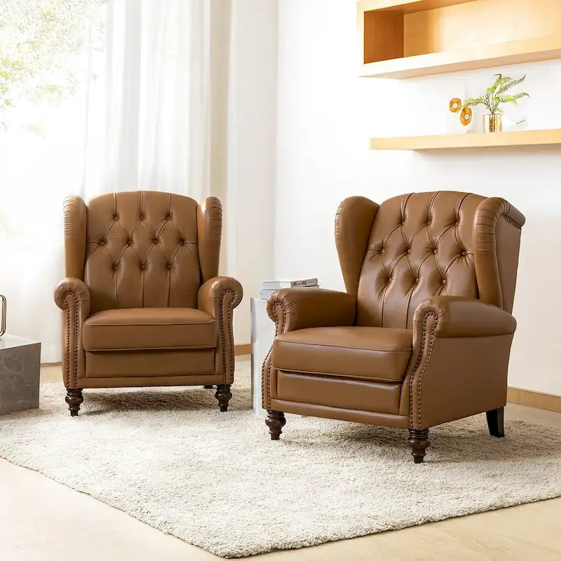 Fauteuil classique en cuir à oreilles avec clous – Lot de 2
