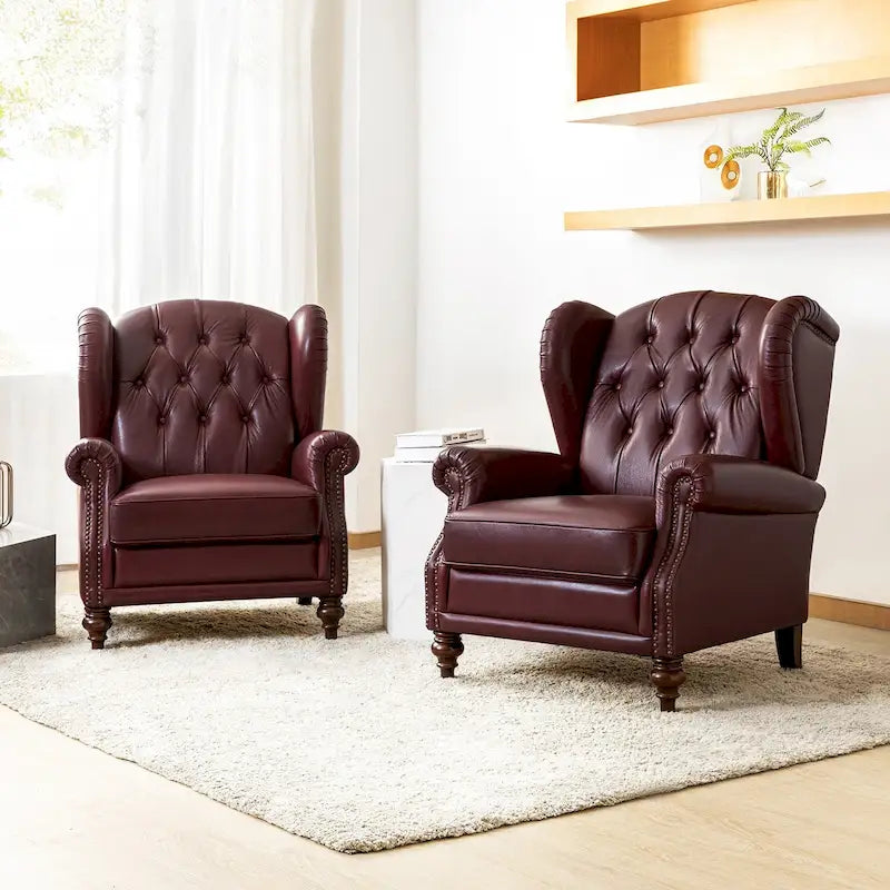 Fauteuil classique en cuir à oreilles avec clous – Lot de 2