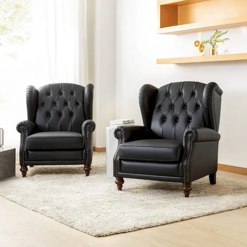 Fauteuil classique en cuir à oreilles avec clous – Lot de 2