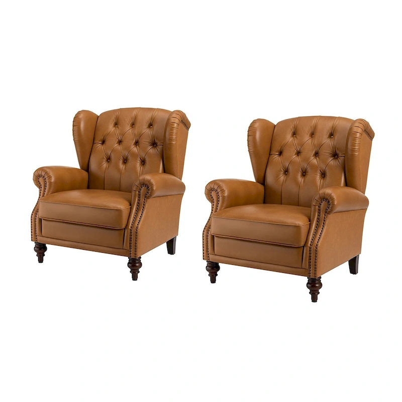 Fauteuil classique en cuir à oreilles avec clous – Lot de 2