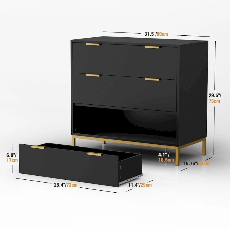 Commode noire à 3 tiroirs de 31,5 W, organisateur de rangement moderne en bois pour chambre à coucher
