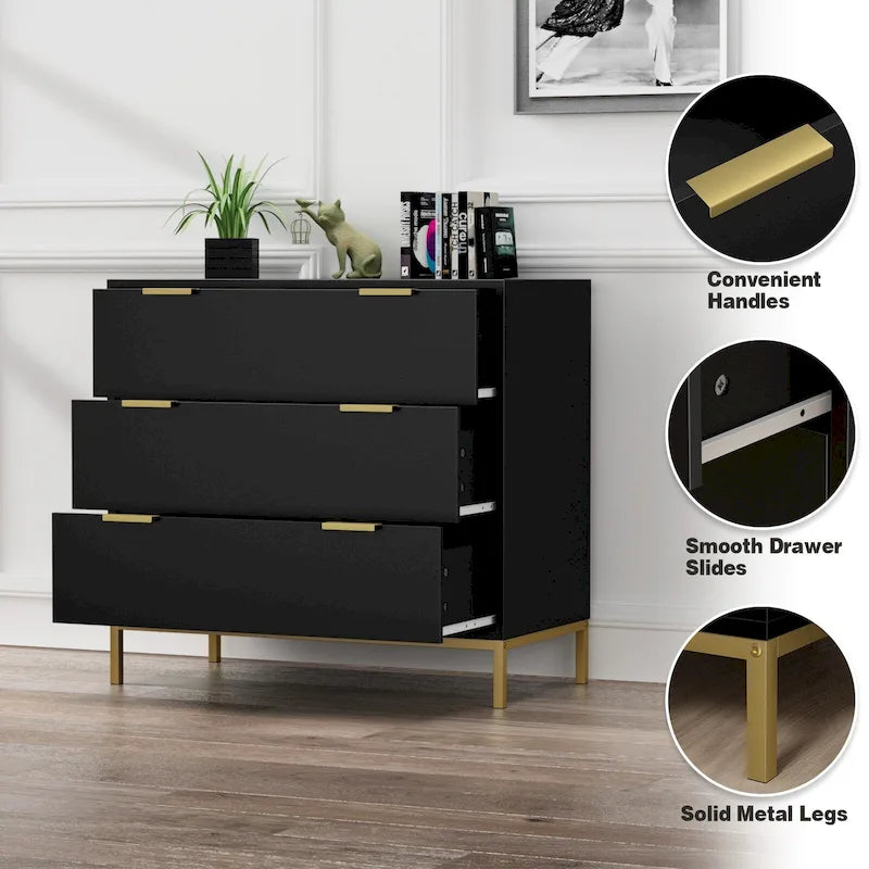 Commode noire à 3 tiroirs de 31,5 W, organisateur de rangement moderne en bois pour chambre à coucher