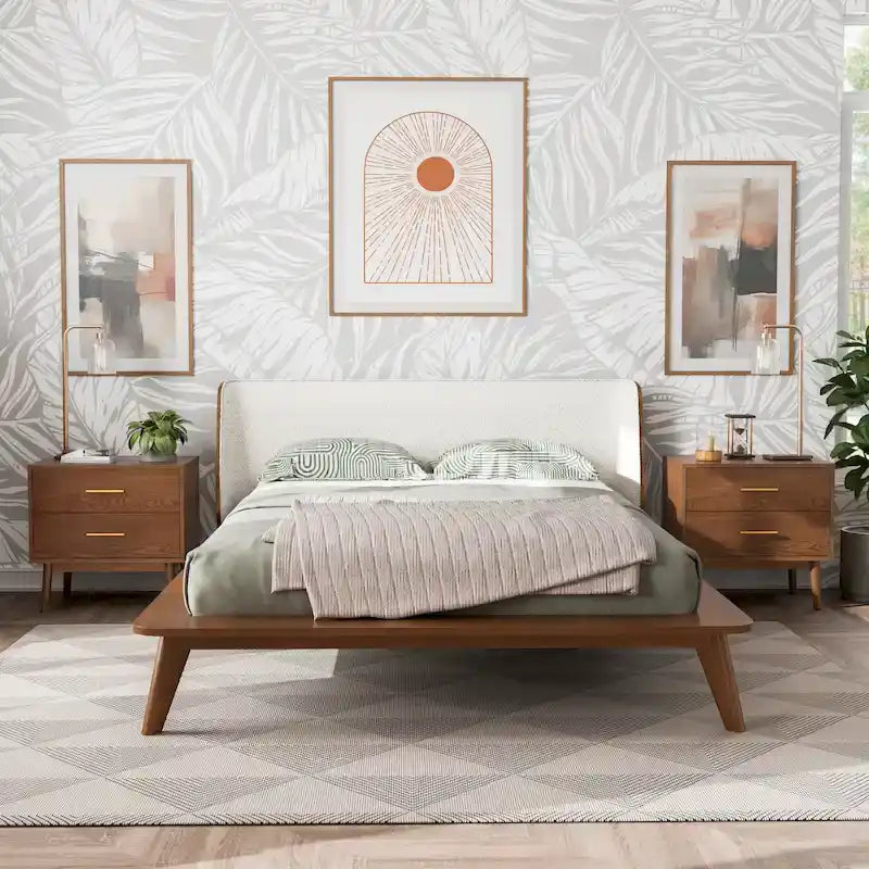  Beau Midcentury 3-Piece Boucle Wingback Low Profile Bedroom Set