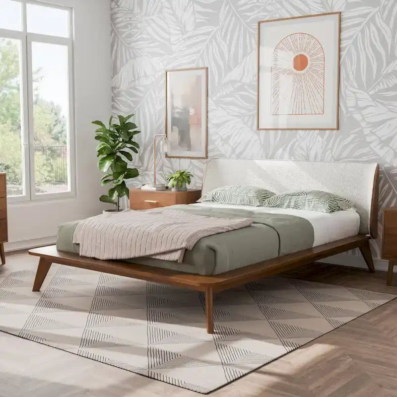 Ensemble de chambre trois pièces bas de gamme en bouclette, style Mid-century, avec tête de lit capitonnée