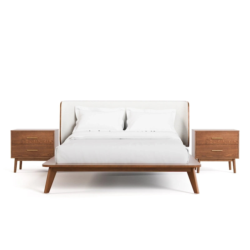 Ensemble de chambre trois pièces bas de gamme en bouclette, style Mid-century, avec tête de lit capitonnée