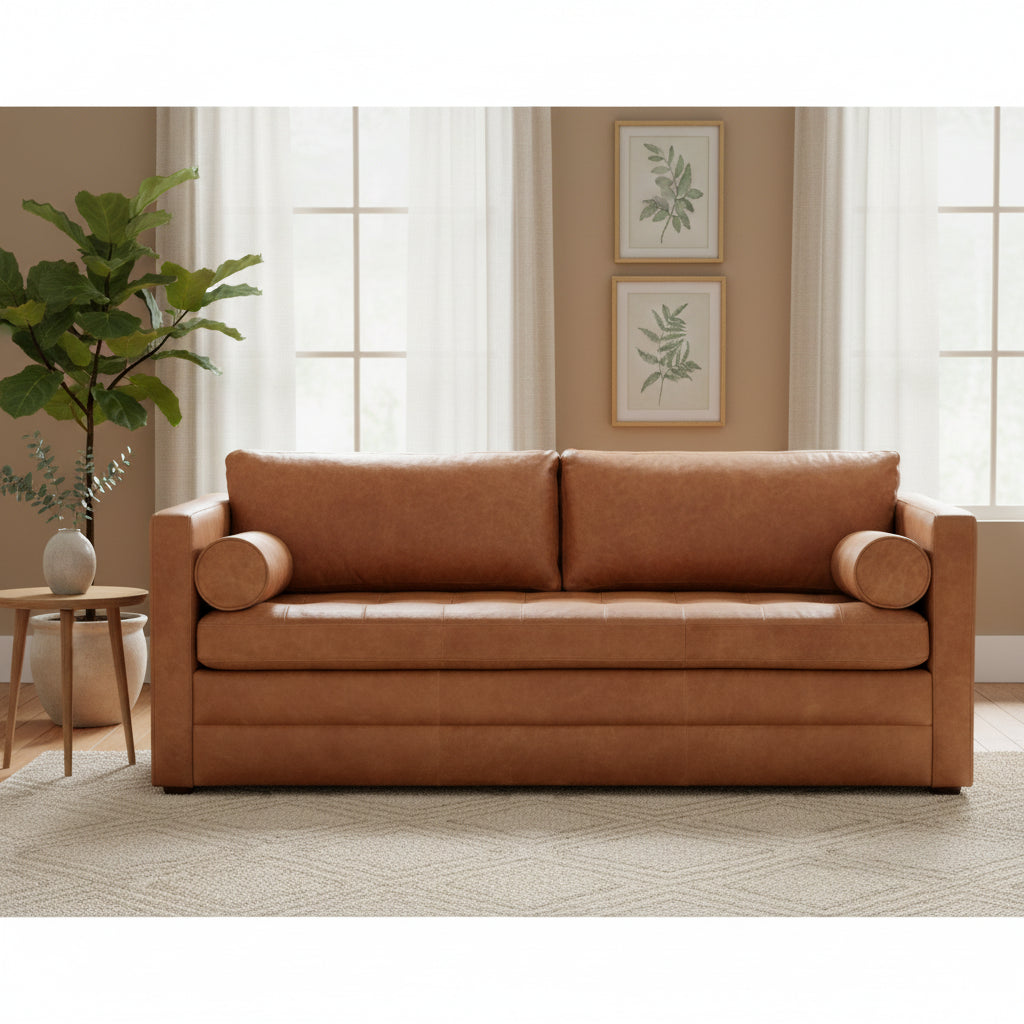 Canapé-lit convertible extractible en cuir de 82 po – Cuir véritable pleine fleur italien