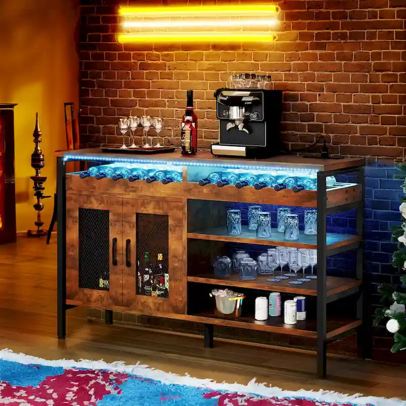  55 Industrial Coffee Bar Cabinet with Led Lights and Power Outlets - 55L x 15.7W x 29.5H