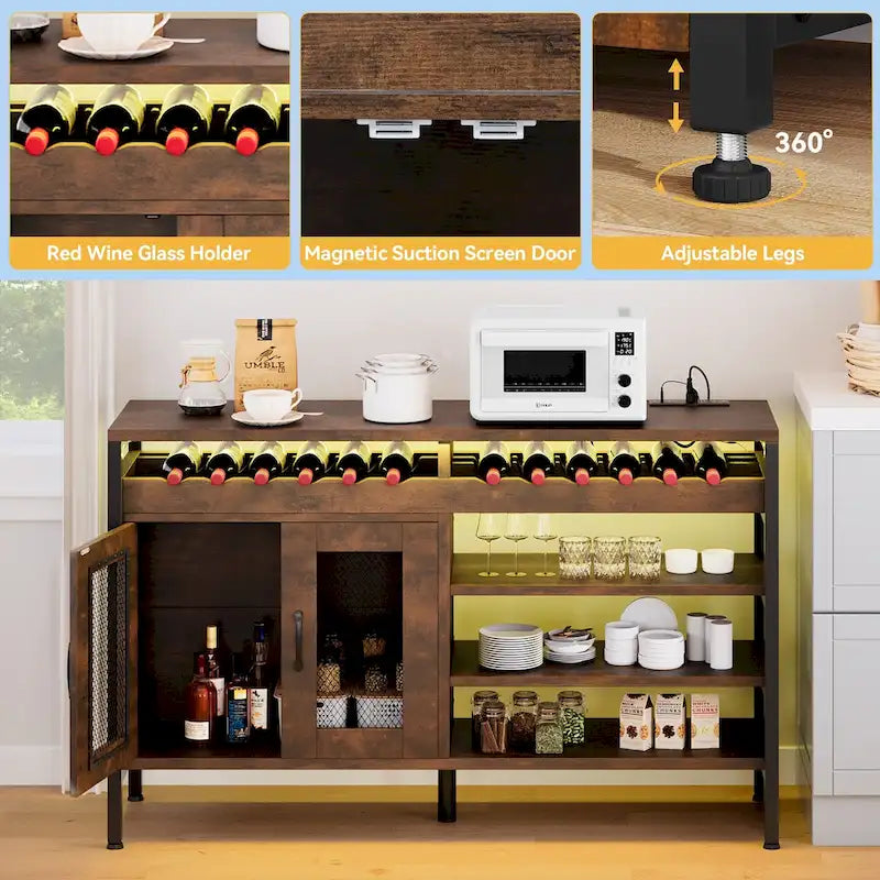Meuble de bar à café industriel 55" avec lumières LED et prises de courant - 55L x 15,7l x 29,5H