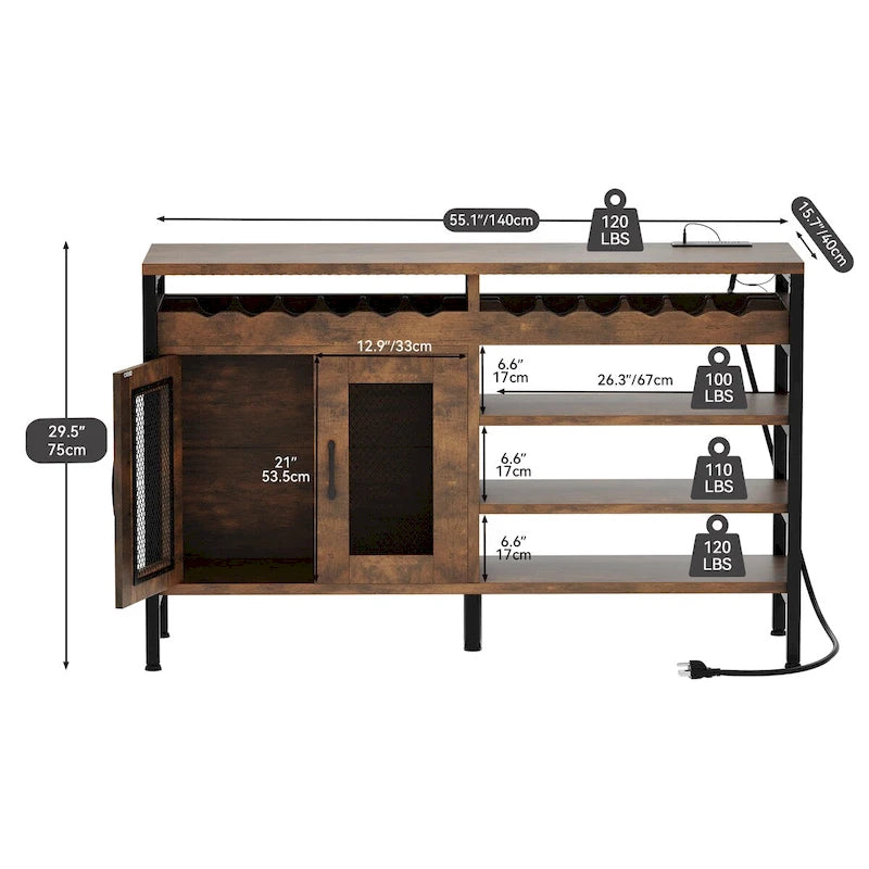 Meuble de bar à café industriel 55" avec lumières LED et prises de courant - 55L x 15,7l x 29,5H