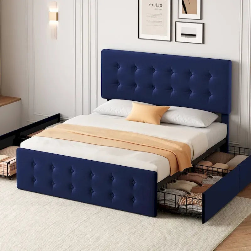 Cadre de lit Queen Size avec 4 tiroirs de rangement et tête de lit